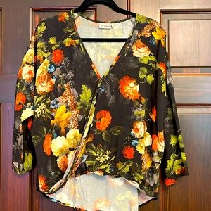 Anthropologie, medium, black floral crossover top